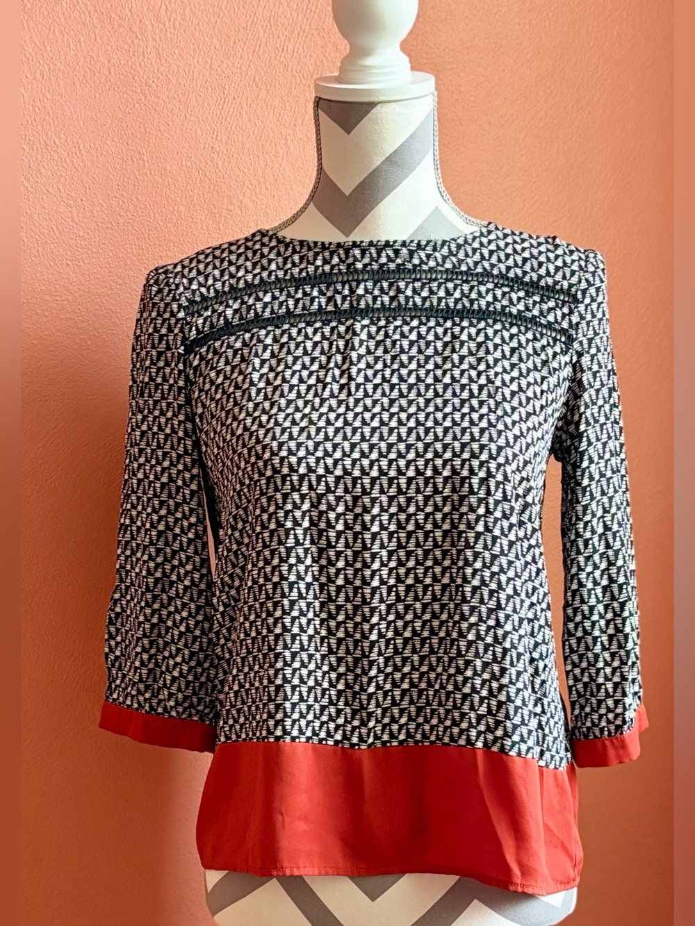 THML Black & White Geometric Print Top with Red Hem